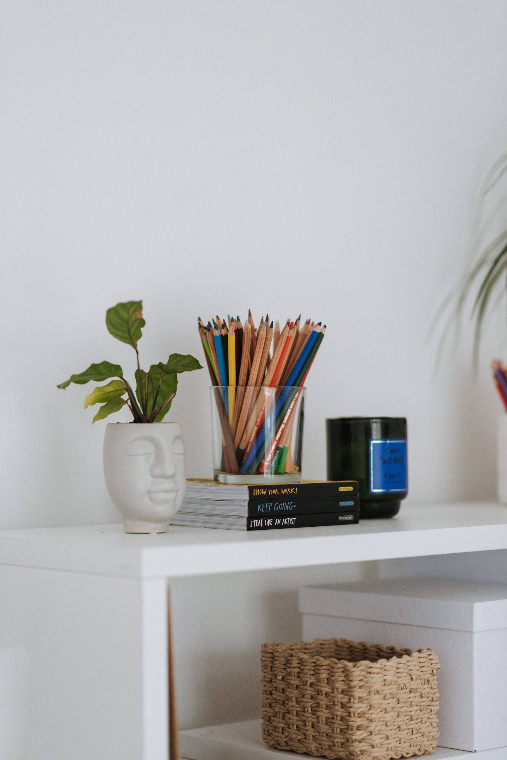 pexels-anete-lusina-7256910 (1) Pencils, books, and plant on a shelf